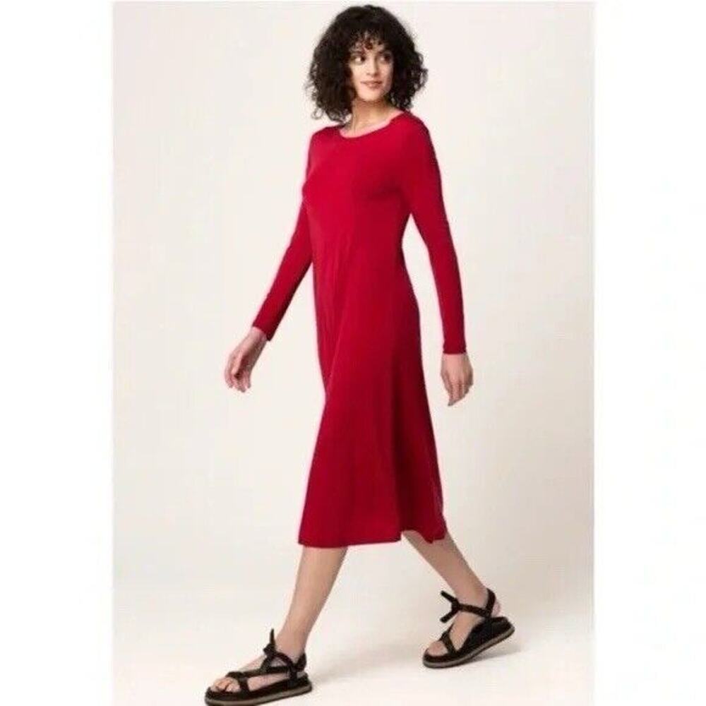 Norma Kamali Long‎ Sleeve Crewneck Midi Dress Red Jersey Stretchy Large Holiday